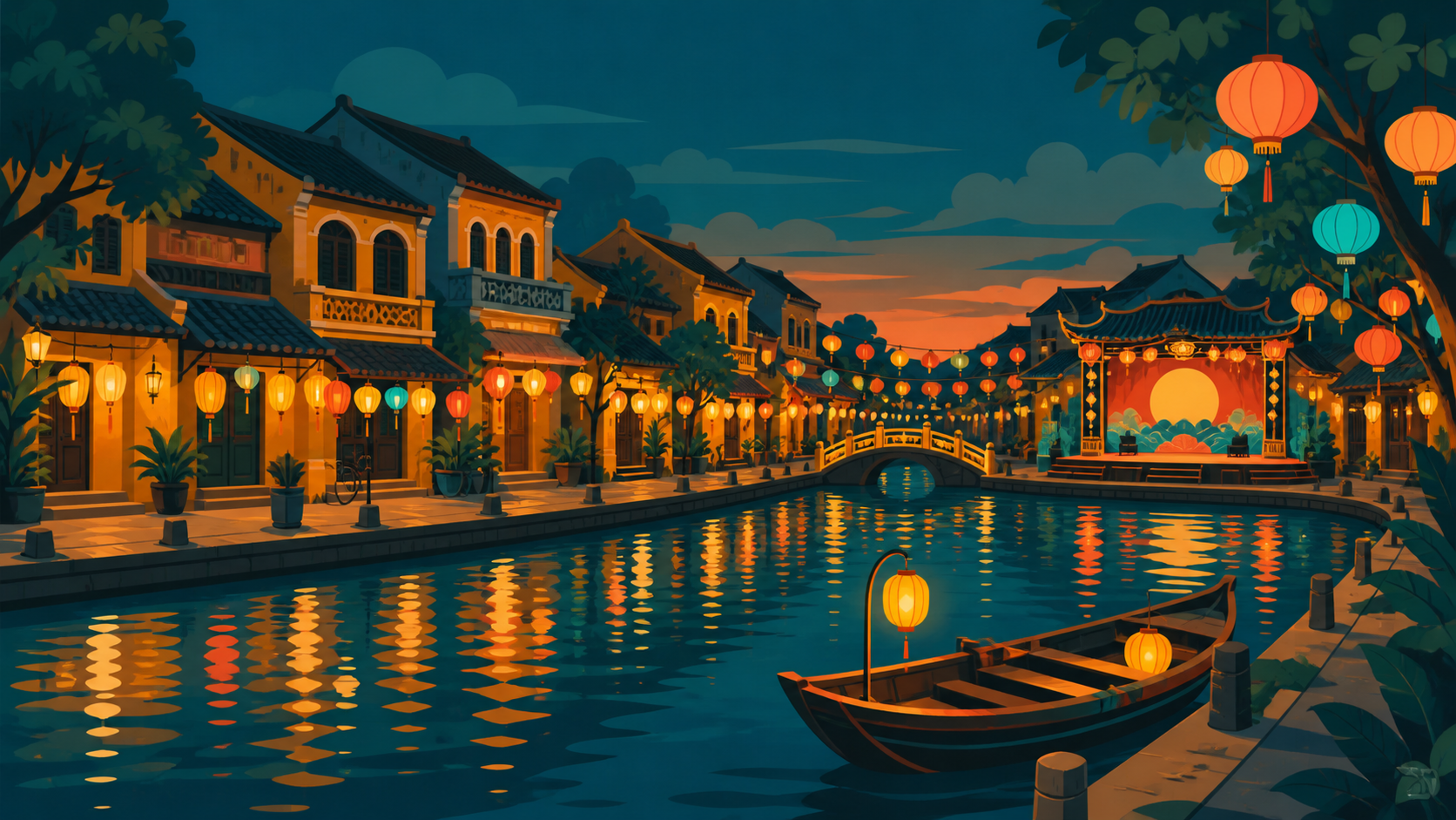 Minh họa phố cổ Hội An về đêm với đèn lồng